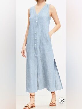LOFT Light Blue Linen Sleeveless Button-Front Maxi Dress
